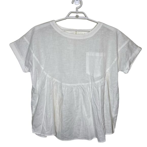 LAVALON White Peasant Blouse Linen Blend Oversized Boxy Boho Peplum Key Hole L - Picture 1 of 8